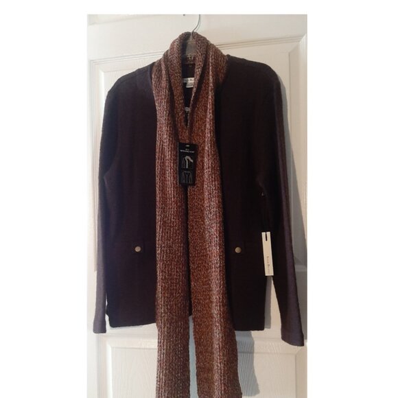 New SUSAN BRISTOL 100% Wool Brown Front Zip Jacket with a Detachable Scarf - Picture 1 of 5